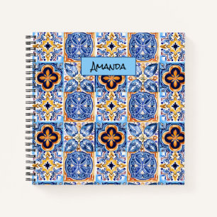 Cuaderno Patrón de baldosas sicilianas blancas y azules med
