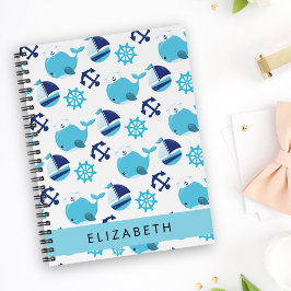 Cuaderno Patrón de ballenas, ballenas azules, tu nombre
