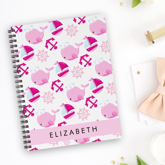 Cuaderno Patrón de ballenas, ballenas rosadas, tu nombre (Subido por el creador)