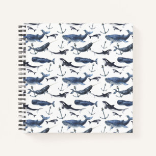 Cuaderno Patrón de ballenas y anclas acuarelas