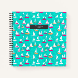 Cuaderno Patrón de barcos de vela rosa y Aqua