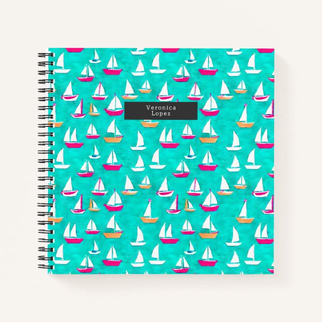 Cuaderno Patrón de barcos de vela rosa y Aqua (Anverso)