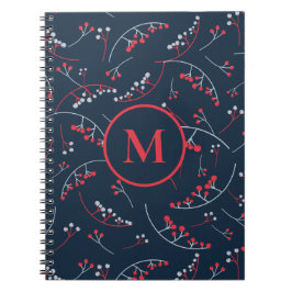 Cuaderno Patrón de berry azul marino rojo en monograma eleg