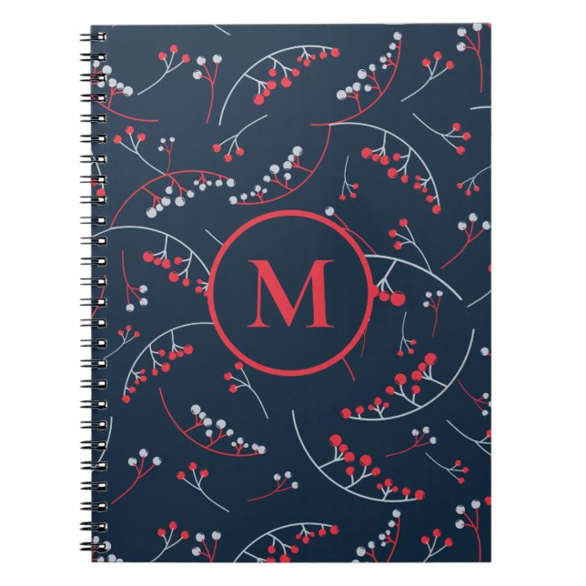 Cuaderno Patrón de berry azul marino rojo en monograma eleg (Frente)
