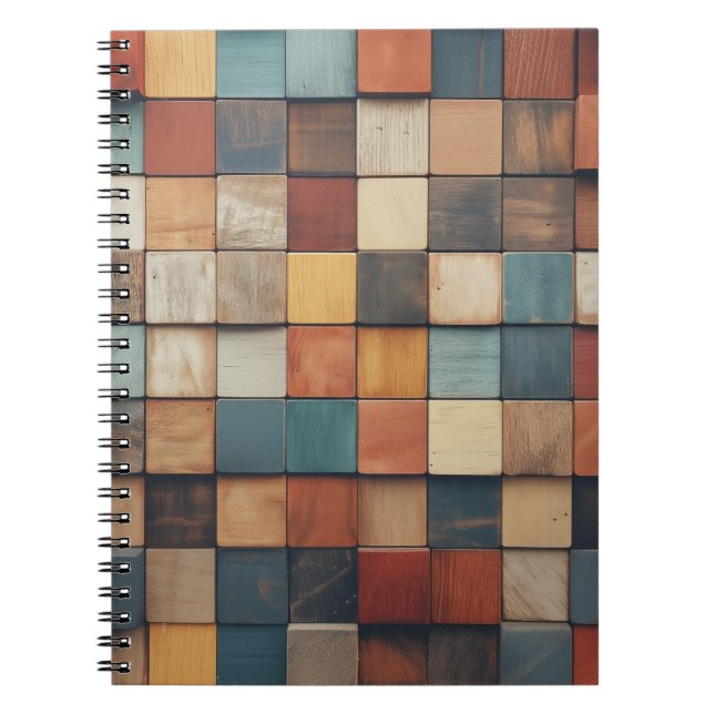 Cuaderno Patrón de bloques de madera rústicos y coloridos (Frente)