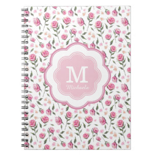 Cuaderno Patrón de Bonito de rosas rosadas románticas monog