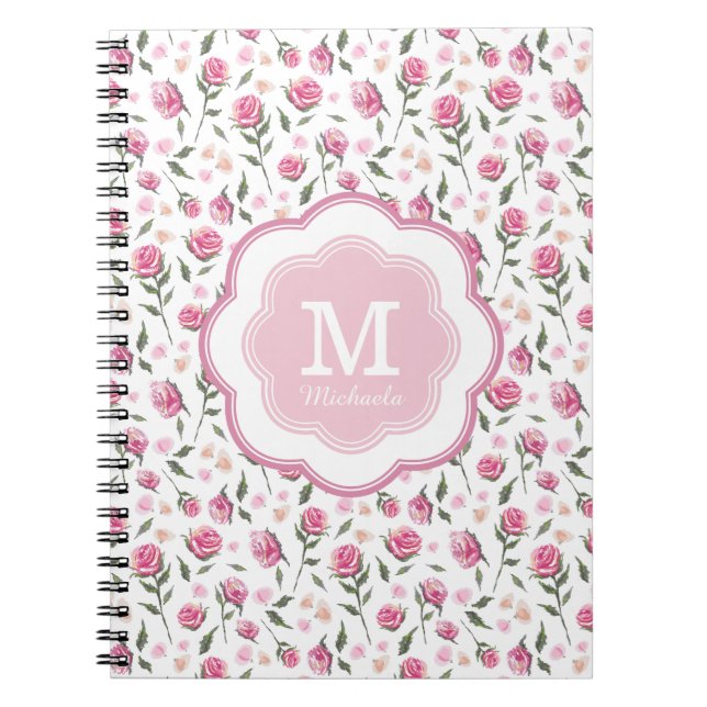 Cuaderno Patrón de Bonito de rosas rosadas románticas monog (Frente)