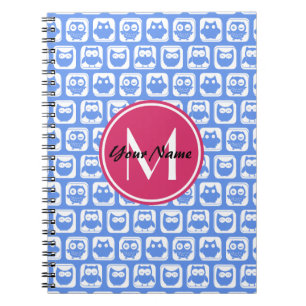 Cuaderno Patrón de búho azul Personalizado rosado Monograma