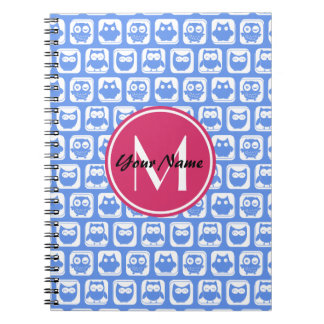 Cuaderno Patrón de búho azul Personalizado rosado Monograma