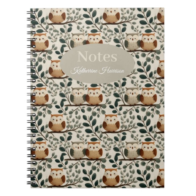 Cuaderno Patrón de búho y hoja de bosque (Frente)