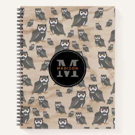 Cuaderno Patrón de búho y monograma de madera rústica