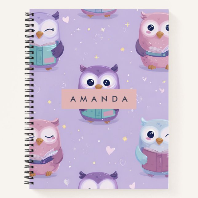 Cuaderno Patrón de búhos pasteles personalizados (Anverso)