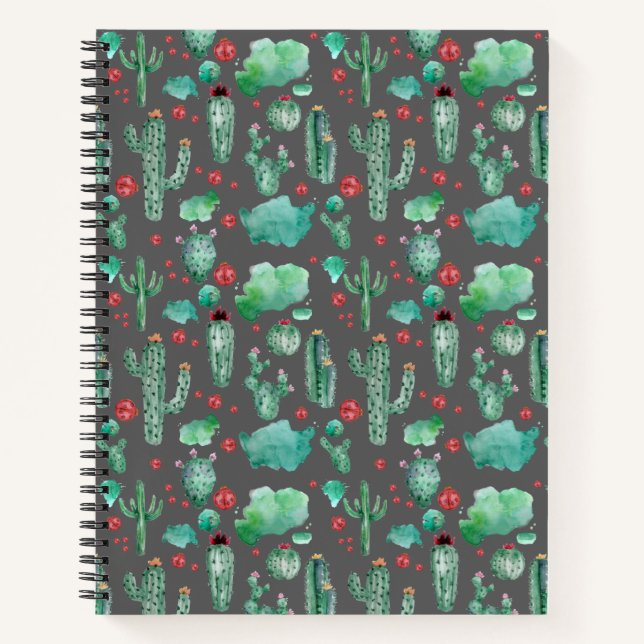 Cuaderno patrón de cactus y ladybug - fondo negro (Anverso)