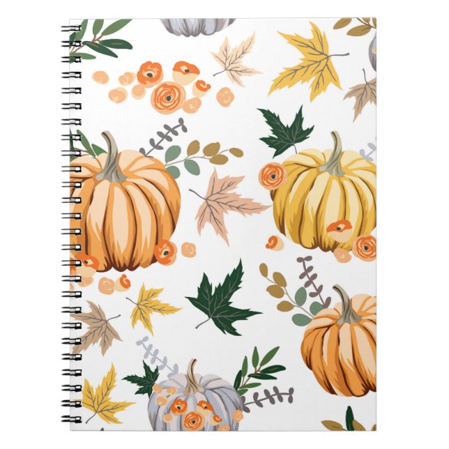 Cuaderno Patrón de calabaza y flores del naranja de otoño (Frente)