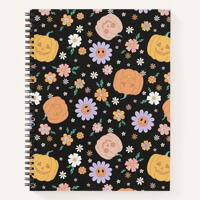 Cuaderno Patrón de calabazas y flores de Halloween retro (Anverso)