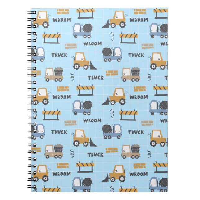 Cuaderno Patrón de camiones de construcción azul (Frente)
