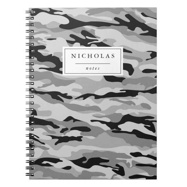 Cuaderno Patrón de camo gris y negro personalizado (Frente)