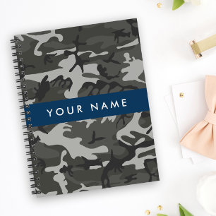 Cuaderno Patrón de camuflaje gris, tu nombre, personaliza