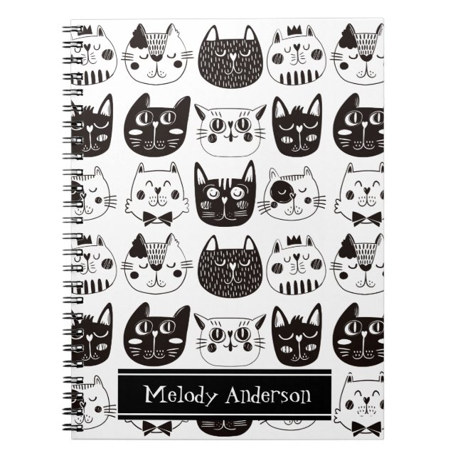 Cuaderno Patrón de caras de gato en blanco y negro lindas (Frente)