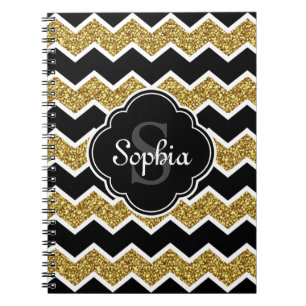 Cuaderno Patrón de cheurón del Purpurina de oro blanco negr