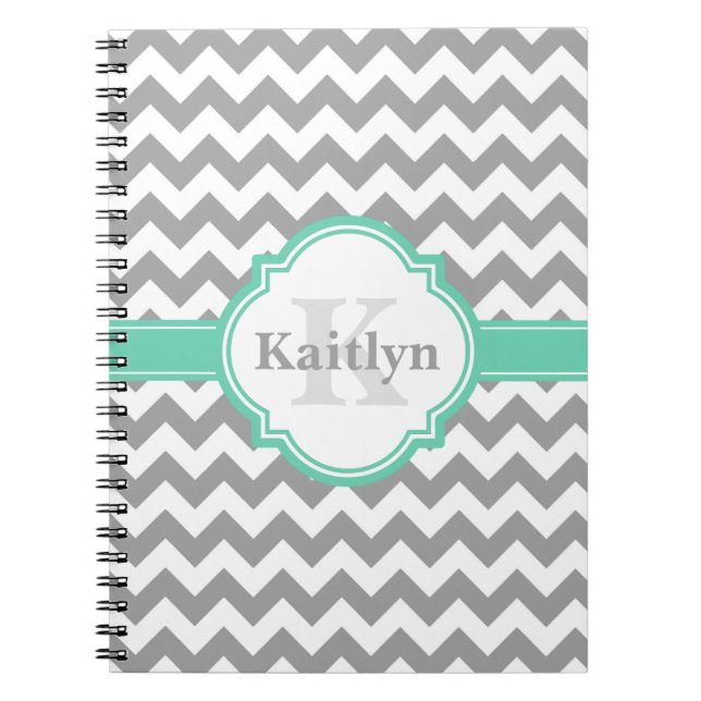 Cuaderno Patrón de Chevron gris de menta y hoja de quatreil (Frente)