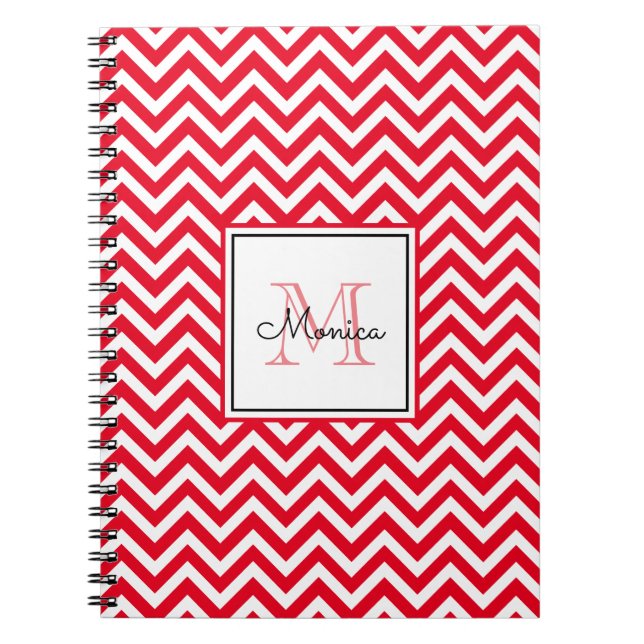 Cuaderno Patrón de Chevron rojo moderno con portátil monogr (Frente)