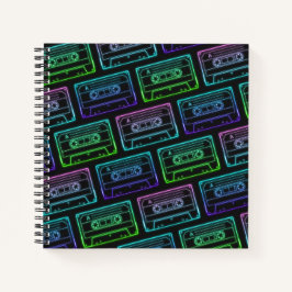 Cuaderno Patrón de cinta de casete neón azul verde en espir
