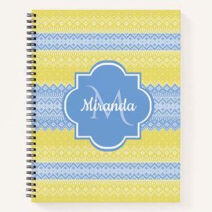 Cuaderno Patrón de cintura amarillo y azul claro con monogr
