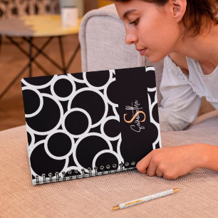 Cuaderno Patrón de círculo blanco y negro con monograma