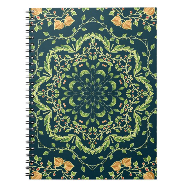 Cuaderno Patrón de círculo floral con flores, ramas, hojas (Frente)