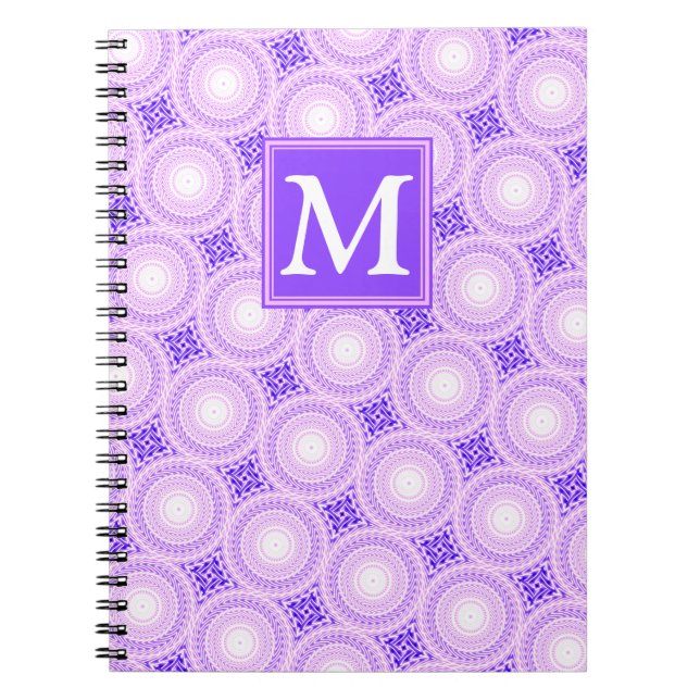 Cuaderno Patrón de círculos púrpura de monograma (Frente)
