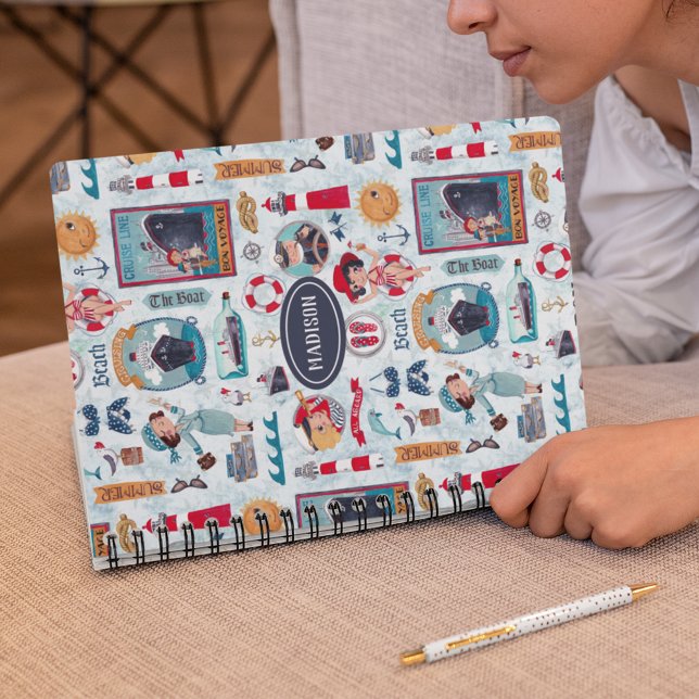 Cuaderno Patrón de circunferencia de mar rojo azul náutico (Subido por el creador)