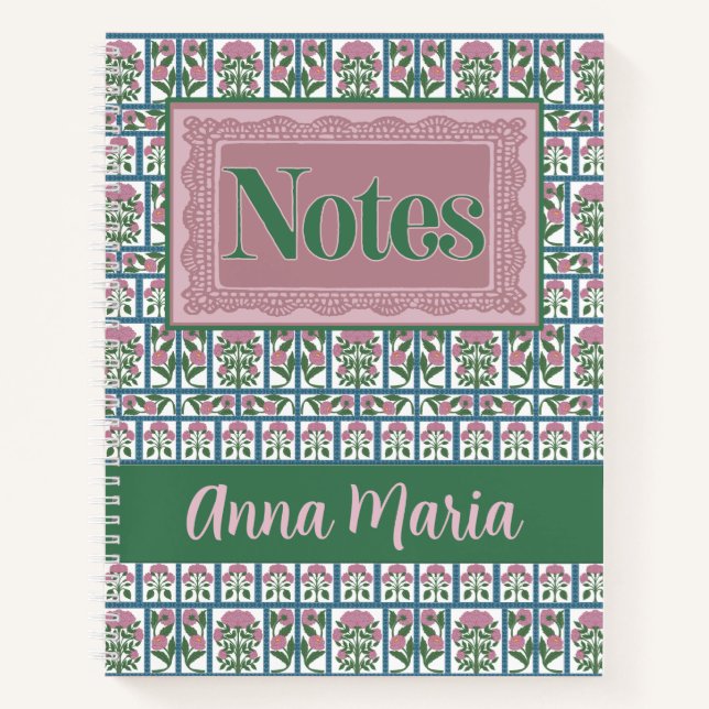 Cuaderno Patrón de colcha de arte popular floral rosa (Anverso)