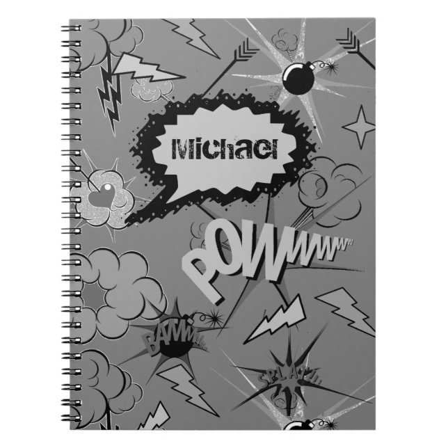 Cuaderno Patrón de cómic personalizado gris retro (Frente)