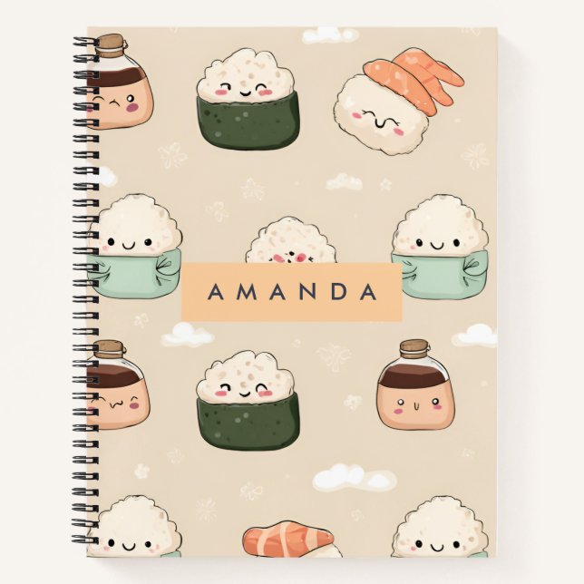 Cuaderno Patrón de comida japonesa sushi kawaii personaliza (Anverso)