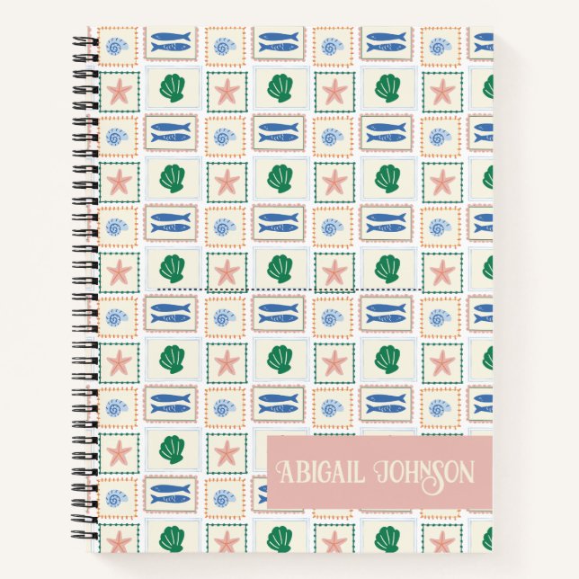Cuaderno Patrón de conchas personalizado boho costero (Anverso)