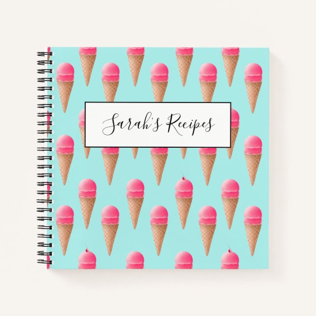 Cuaderno Patrón de cono de helado de fresa rosa (Anverso)