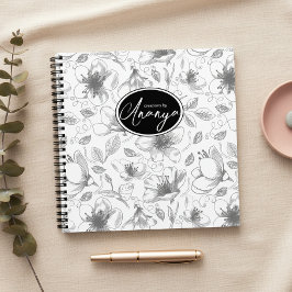 Cuaderno Patrón de contorno floral esbozado Gris/Blanco ID9