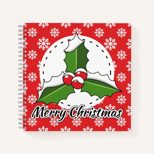 Cuaderno Patrón de copos de nieve blancos rojos - Feliz Nav (Anverso)