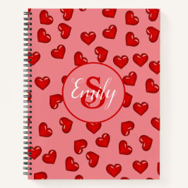 Cuaderno patrón de corazón rojo monoligramado y elegante so