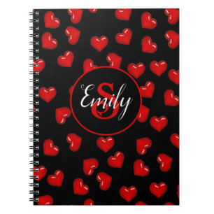 Cuaderno patrón de corazón rojo monoligramado y elegante so