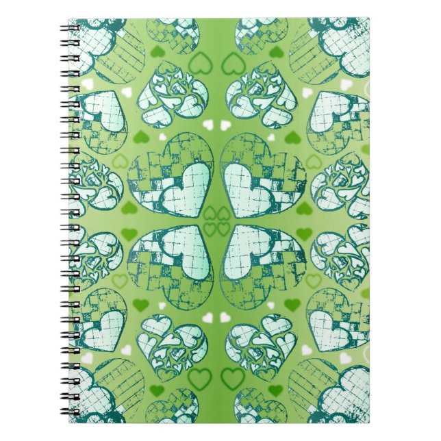 Cuaderno Patrón de corazones románticos brillantes verdes y (Frente)