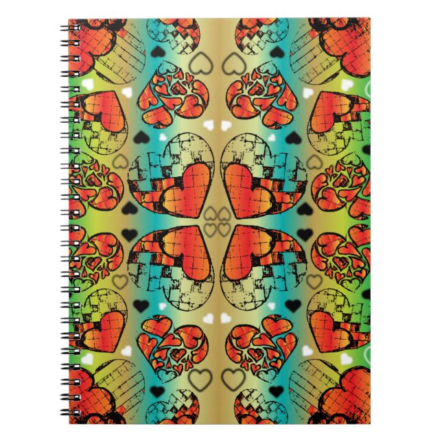 Cuaderno Patrón de corazones románticos rojos y verdes (Frente)
