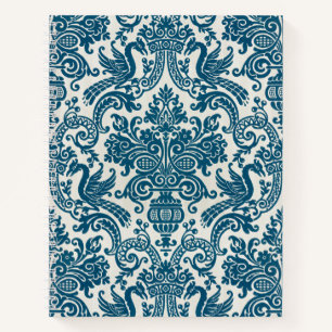 Cuaderno Patrón de cosecha de color azul y blanco floral