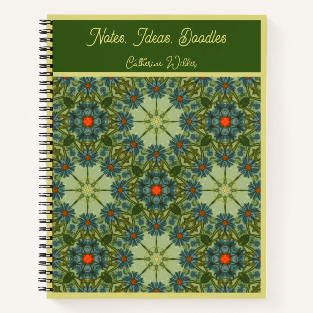 Cuaderno Patrón de cosecha en verde con flores azules (Anverso)