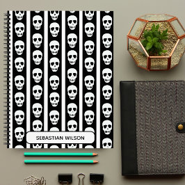 Cuaderno Patrón de cráneo de Halloween en blanco y negro Mo