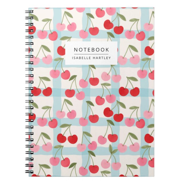 Cuaderno Patrón de cuadros gingham de cereza en rojo y rosa (Frente)