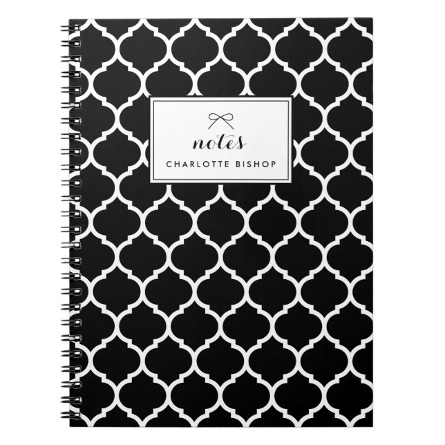Cuaderno Patrón de cuatrefoil blanco y negro personalizado (Frente)