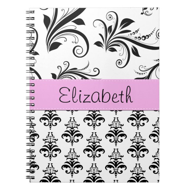 Cuaderno Patrón de Damasco, Damasco blanco y negro, su nomb (Frente)