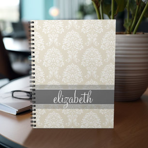 Cuaderno Patrón de Damasco de color gris y lineal con nombr